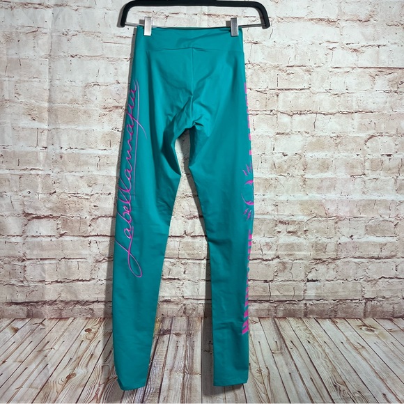 Labellamafia teal hot pink script criss cross waist leggings size small - Picture 3 of 5